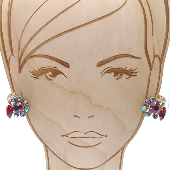 Vintage Bold Glitz Clip-On Earrings, Gold Tone with Red & AB Rhinestones - Picture 1 of 4